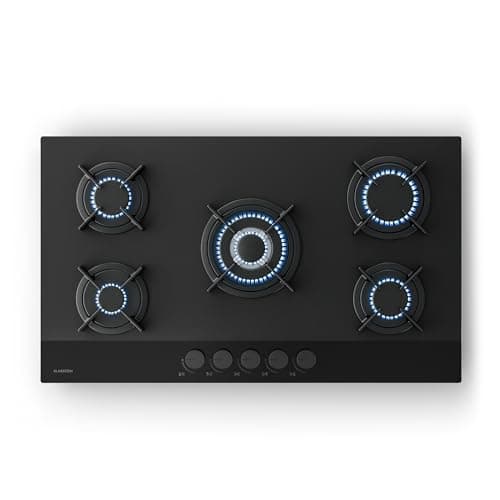 Image of Klarstein Velaire gas hob, 90 cm, 5-burner, 10400 W, glass, LPG & natural gas, electric ignition, flame failure protection, stove, including conversion kit & hose set