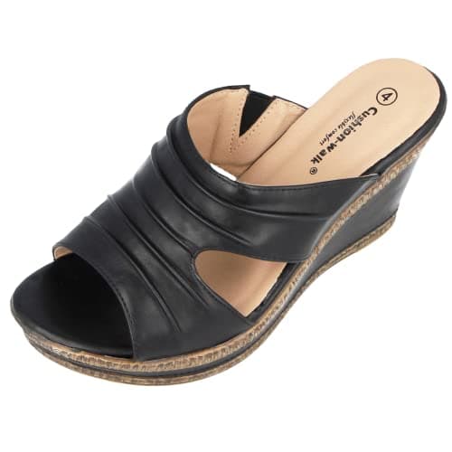Image of Ladies Leather Lined Peep Toe Mid Wedge Mule Sandals (Black, Numeric_3)