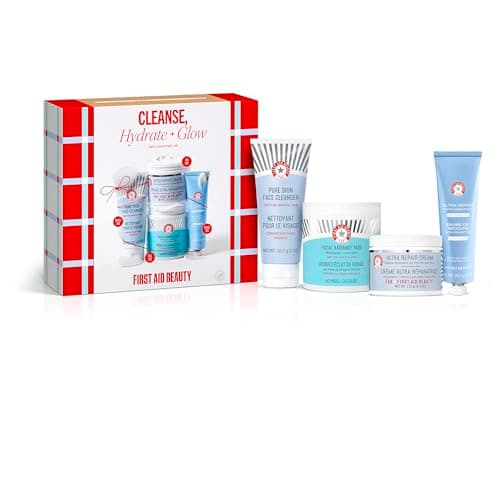 Image of First Aid Beauty Cleanse, Hydrate & Glow - Daily Essentials Kit - 4 Favourites - Pure Skin Face Cleanser 56.7g | Facial Radiance Pads 60ct | Ultra Repair Cream 113.4g | Rescue Barrier Balm 28.3g
