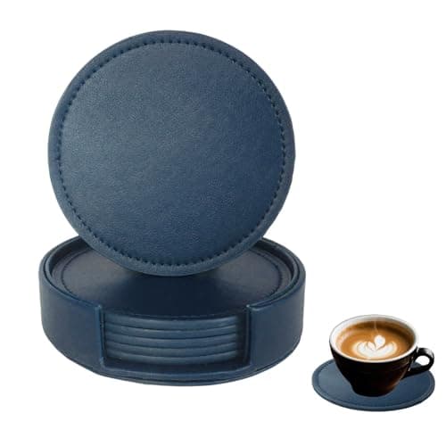 Image of Bdfgh Set of 6 Leather Coasters with 1 Holder for Drinks, Drink Coasters Table Coaster Room/Kitchen/Living Room Accessories, for Cups Mugs Housewarming Gifts Home Decoration Green Navy Black (Navy)