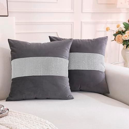 Image of TAOSON Pack of 2, Luxury Grey Matching Sequin Patchwork Velvet Throw Pillow Cover with Silver Sequined Rhinestone Cushion Case Square Pillowcase for Sofa Couch Bedroom Living Room Home,18x18 inch