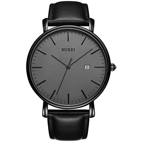 Image of BUREI Men's Watches, Classic Analogue Dial with Date Japanese Quartz and Ultra-Thin Stainless Steel Mesh Band (Dark Grey Black, Leather)