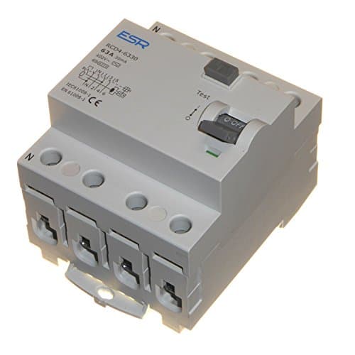 Image of ESR 63 Amp 30mA RCD RCCB Trip Switch, 4 Pole, Three Phase, 400 Volt, DIN Rail Mount, Neutral Left, Automatic, IEC61008-1 / EN61008-1