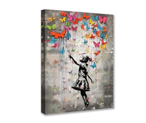 Image of Tucocoo Canvas Print, Design: Banksy, Little Girl, Butterfly, Street, Graffiti Painting, Contemporary Artwork, Home Decor for Living Room, with Wooden Frame, Gallery Packaging, Ready to Hang