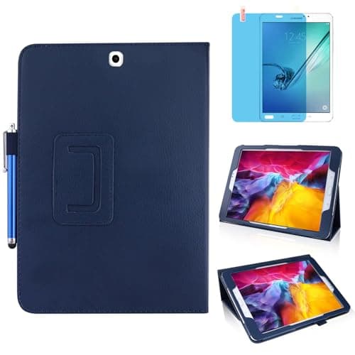 Image of Slim Leather Case for Samsung Galaxy Tab S2 9.7 Inch 2015 (SM-T810 T813 T815 T817 T819), Multi-Angle Stand Full-Protective Tablet Cover Book Case with Stylus Pen,Screen Film (Blue)