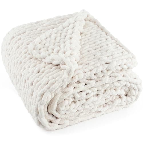 Image of LONG CREATE Chunky Knit Throw Blanket 60"X 80", 100% Handmade with Soft Chenille Yarn, 6.7lbs Thick Cable Knitted Blankets, Large Rope Knot Crochet Throws for Couch Sofa Bed Home Decor, Cream White