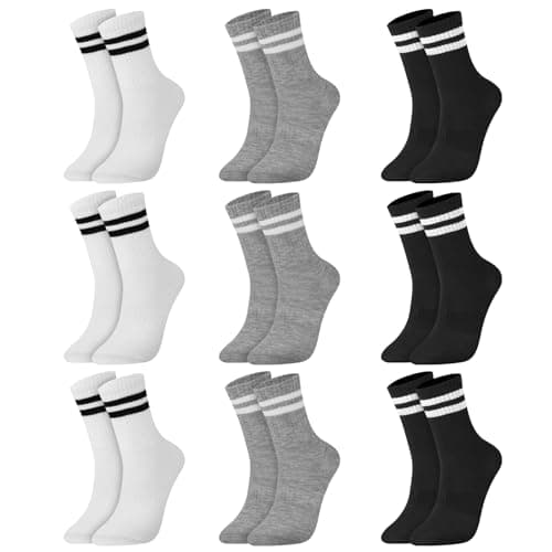 Image of Zuimei 9 Pairs Ladies Socks Womens Stripe Crew Socks Multipack Sports Ankle Casual Socks for Women Ladies Girls Trainer Gym Walking-Black, White, Gray
