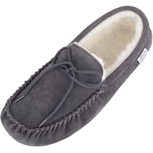 Image of SNUGRUGS Men's Alfie Wool Lined Suede Sole Moccasin Slipper, Dark Grey, 9 UK / 43 EU