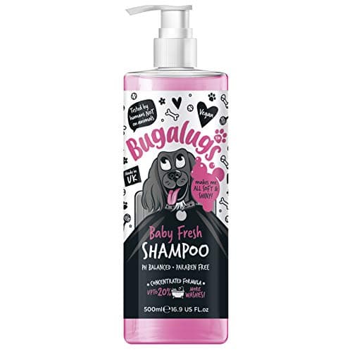 Image of BUGALUGS Baby Fresh Dog Shampoo 500ml grooming products for smelly dogs with baby powder scent, best puppy shampoo and conditioner, Vegan pet shampoo professional (500ml)