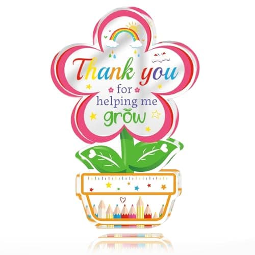 Image of Thank You Teacher Gifts, Cute Flower-Shaped Acrylic Plaque Thank You for Helping Me Grow Appreciation Leaving Gifts for Teacher Nursery