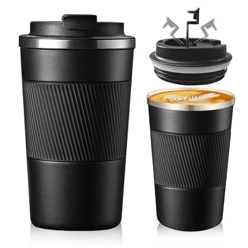 Image of Senshuomy Travel Mug, Insulated Coffee Cup with Leakproof Lid, Reusable Coffee Cups Travel Cup, Stainless Steel thermaol Mug for Hot Cold Drinks (Black 380ml)
