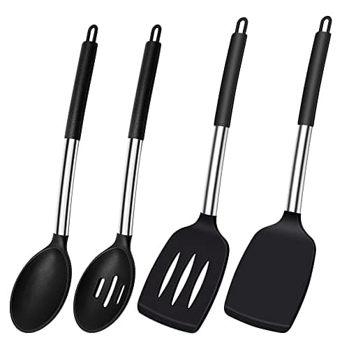 Image of Silicone Spatula Spoon, Heat Resistant Silicone Spatula, Kitchen Spatula, Slotted Spoon Set for Cooking, BPA-Free Kitchen Utensils, Black Kitchen Utensils, Dishwasher Safe, Pack of 4