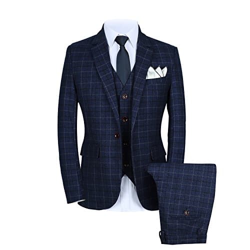 Image of Mens One Button Slim Fit Three Piece Checked Suit Blazer+Waistcoat+Pants UK Size 36 (Lable 2XL) Blue