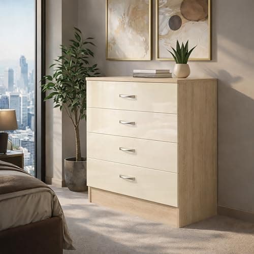 Image of Harmin High Gloss 4 Drawer Chest - Height 68.5 cm x Width 60 cm x Depth 40 cm (High Gloss Cream on Sonoma Oak)