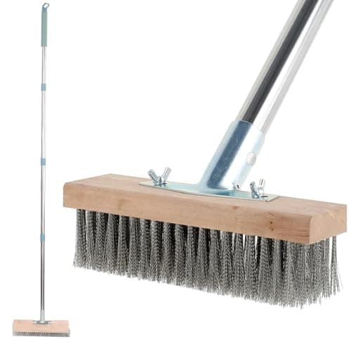 Image of Wire Broom Deck Scrub Brush with 55" Long Handle, Outdoor Heavy Duty Bristle Brush, Stainless Steel Stiff Bristle Floor Scrubber for Cleaning Moss, Tough Stains on Concrete