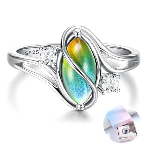Image of FIOROYAL 925 Sterling Silver Mood Ring for Women Girls Vintage Cubic Zirconia Statement Ring Color Change Mood Stone Ring 925 Sterling Silver Rings Size L1/2