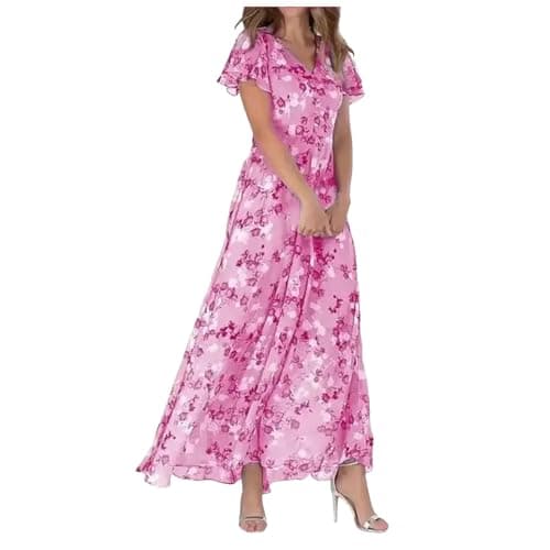 Image of Women's Chiffon Floral Maxi Dress - Summer Elegant Boho Long Flowy Dresses Ruffle Sleeves V Neck Vacation Beach Outfit Wedding Guest Engagement Cocktail Party