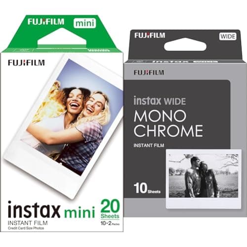 Image of Fujifilm instax mini instant film White Border, 20 Count, suitable for all instax mini cameras and printers & instax WIDE instant Film Monochrome, 10 shot pack