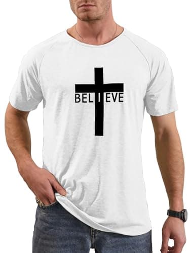 Image of iudam Men's Short Sleeve Graphic Gym T-Shirts Believe Cross Print Christian Shirts, White, Large