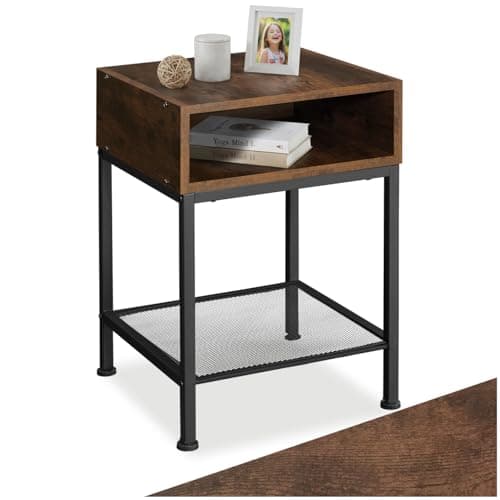 Image of tectake® Side Table with Storage Shelf & Open Compartment in Industrial Style, Black Steel Frame & Wood-Look Tabletop, Ideal as Living Room, Hallway & Bedside Table, 40.5 x 40.5 x 59 cm - Dark Wood