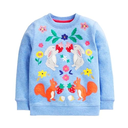 Image of Vckrio Sweatshirts for Girls Embroidery Children Jumper Blue Cotton Appliques Pullover with Squirrel Rabbit Floral Pattern Crew Neck Long Sleeve T-shirt Winter Xmas Sports Daily for Kids Age 5-6 Years
