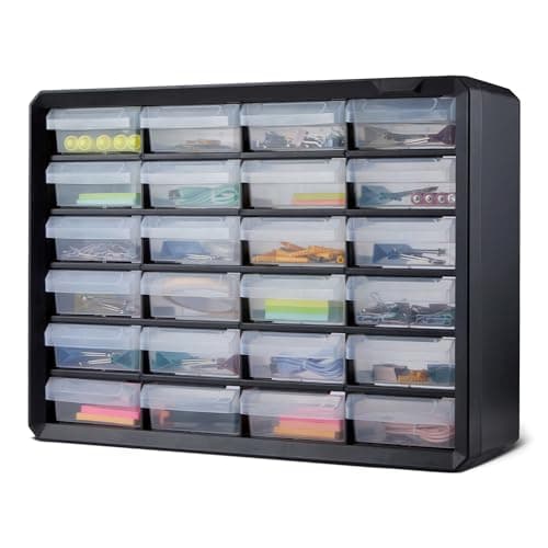 Image of Amazon Basics Storage Cabinet, 24-Drawer Plastic Organizer with Dividers for Office/Craft/Tools, Wall Mountable, 16 x 54.1 x 40.1 cm, Black