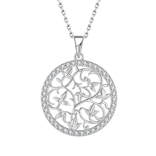 Image of Fibonacci's 925 Sterling Silver & Rhodium Plated Round Tree of Life Style Branch Nature Pendant Necklace Cubic Zirconia with Luxury Gift Box