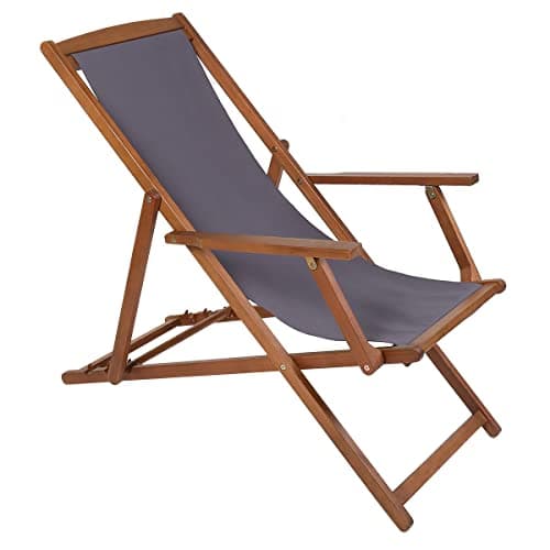 Image of CHARLES BENTLEY FSC® 100% Eucalyptus Wooden, Deck Chair, for Outdoors, and Garden, Polyester, 3 Reclining Positions, Traditional, Acacia, Bentley Plaque, Trendy, Seat, Grey (107x94x61cm)