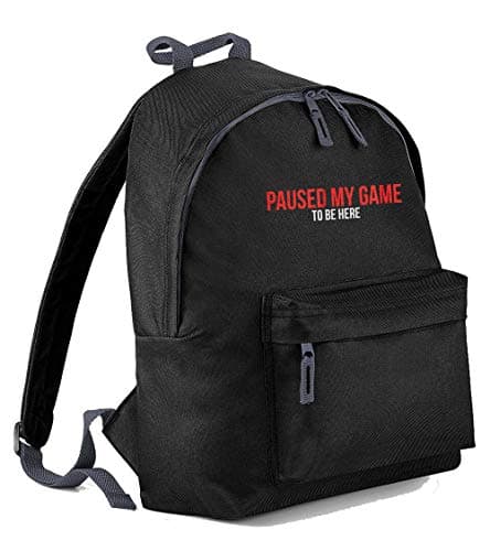 Image of FunkyShirt Black Embroidery BackPack - I PAUSED MY GAME TO BE HERE - RuckSack School Bag Cool Bag Mens Boys Back Pack Gaming gamers gifts for men (Black, One Size - 42 x 31 x 21cm)