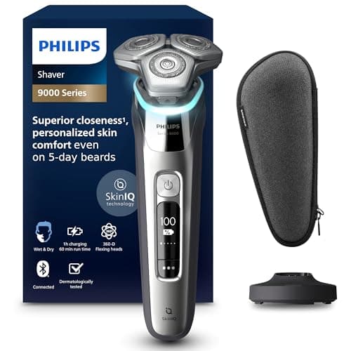 Image of Philips Shaver Series 9000 - Wet and Dry Electric Shaver for Men in Chrome Silver with Lift and Cut, SkinIQ Technology, Pop-up Beard Trimmer, Charging Stand and Travel Case (Model S9975/35)
