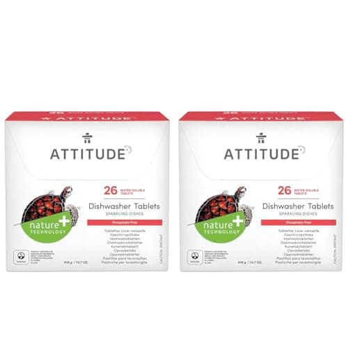 Image of ATTITUDE Dishwasher Tablets, Water-Soluble, Anti-Limescale, Plant- and Mineral-Based Formula, Phosphate-free, Vegan, Unscented, 26 Count (Pack of 2)