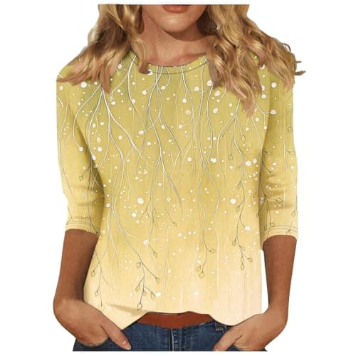 Image of Boho Tops for Women UK Loose Fit 3/4 Sleeve Crewneck Shirts Vintage Print Blouse Slim Fit Beach Vacation Yellow L