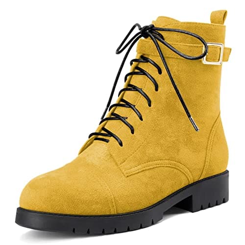 Image of NobleOnly Women Chunky Block Low Kitten Heel Round Toe Ankle Boots Short Bootie Lace-up Zipper Classic Shoes Yellow 6.5 UK
