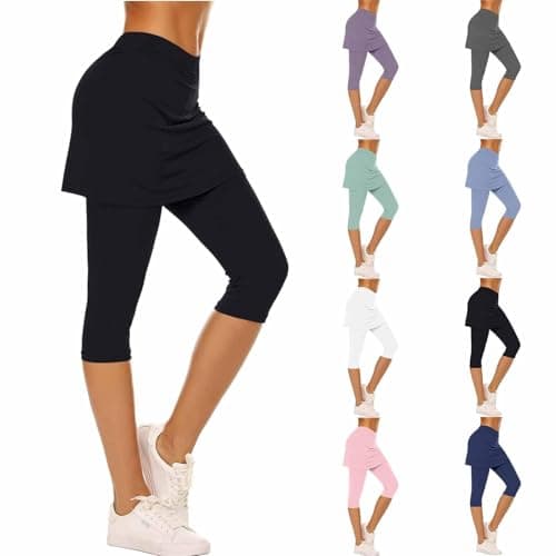 Image of black yoga pants for women Women's Sports Running Skort Leggings with Skirt Tennis Skirts Hockey Tight Capris Gym 3/4 Yoga Pants Skirted Capri Leggings Golf Tennis Pant for Running Workout Active