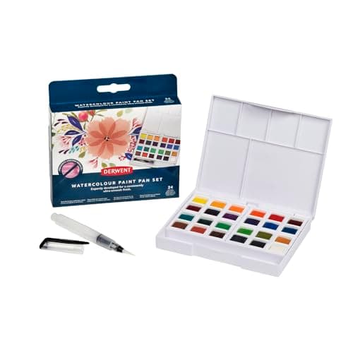 Image of Derwent Watercolour Paint Pan 24 Set, Set of 24, Half Pan Size, Water-Soluble, Ideal for Painting, Professional Quality, Travel Size, 2306324