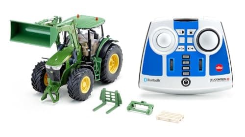 Image of siku 6795, John Deere 7310R tractor with front loader, Green, Metal,Plastic, 1:32, Remote controlled, Includes Bluetooth remote control and accessories, Can also be controlled with app