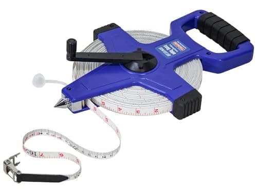 Image of Faithfull Open Frame Surveyors Long Tape 50M (165ft) – Fiberglass, Class III Measuring Tape with Metric & Imperial Markings