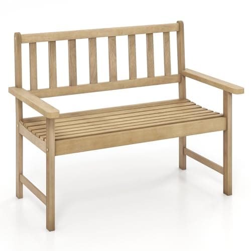 Image of COSTWAY 2-Seater Garden Bench, Teak Wood Patio Loveseat Park Bench Chair with Armrests, Outdoor Furniture Leisure Porch Seating for Living Room, Balcony, Deck and Poolside
