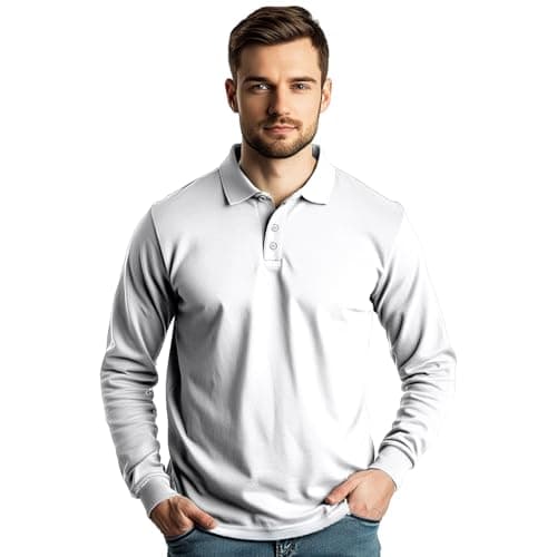 Image of Stars and Stripes Men's Plain Pique Long Sleeve Collar Neck Summer Casual Athletic Golf Tennis Classic Polo Shirt (White-M)