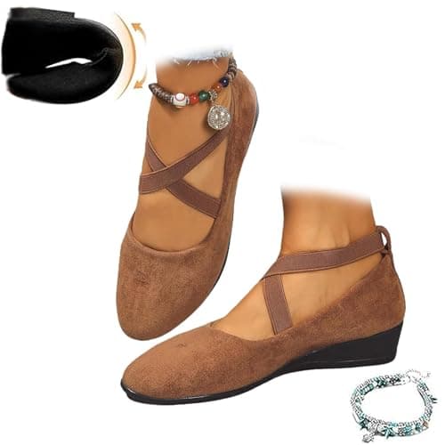 Image of Women's Crisscross Strap Wedge Shoes,Womens Round Toe Ballet Wedge Dress Shoe Elegant Suede Comfy Slip-On Shoes (Brown,5)