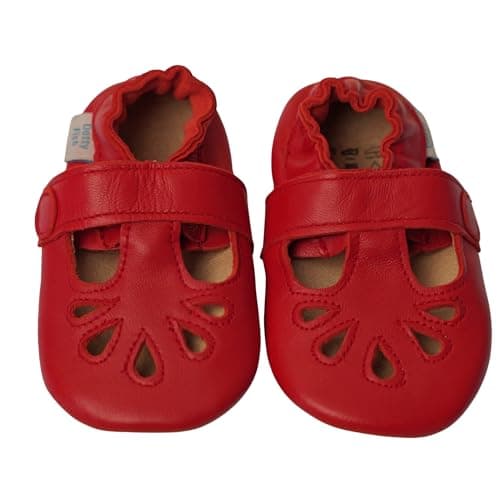 Image of Dotty Fish Girls Barefoot Leather T-Bar Shoes with Rubber Soles. Lightweight, Flexible, Non-Slip Party Shoes with Elasticated Ankles. British Brand. Baby & Kids First Walker - Red 18-24 Months