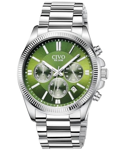 Image of CIVO Mens Watches Chronograph Stylish: Silver Stainless Steel Quartz Wrist Watch Waterproof Date - Green Face Watches for Men Dress