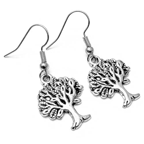 Image of Tree of Life Charm Earrings, Spiritual Symbol Tibetan Silver Charms on Nickel Free Silver Tone Hooks : 38mm long, Wiccan Pagan Gift for Women, Tree Symbol Drop Earrings
