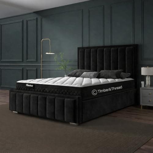 Image of TIMBER&THREAD Double bed upholstered ottoman bed Frame, 4ft6 double bed, plush velvet ottoman storage frame, gas lift bed, black ottoman bed – high head-board 45inch