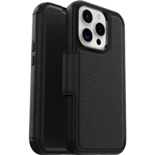 Image of OtterBox Strada Case for iPhone 15 Pro for MagSafe, Shockproof, Drop proof, Premium Leather Protective Folio with Two Card Holders, 3x Tested to Military Standard, Black