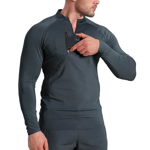 Image of BROKIG Mens Dualzip Gym 1/4 Zip Top,Muscle Tight fit Lightweight Outdoor Athletic Long Sleeve Pullover with Pockets(L,Dark Grey)