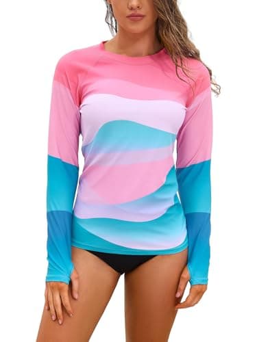 Image of SHEKINI Womens Long Sleeve Rash Guard Tops Sun Protection Thumb Holes Lightweight Quick Dry Plus Size Swimming Tops Printed Beach Swim Shirts Top, Dark Pink, S