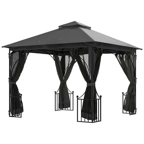 Image of Outsunny 3 x 3m Garden Gazebo Patio Party Tent Shelter Outdoor Canopy Double Tier Sun Shade with Metal Frame and Netting, Dark Grey