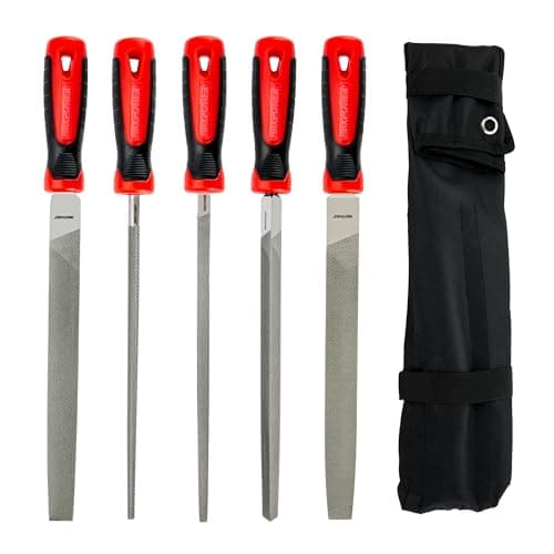 Image of MAXPOWER 10-inch Metal File Set, 5 Pieces Hand Files Including Flat, Round, Half-Round, Triangle and Square, Soft Grip Handle, File Set for Wood, Metal Work and DIY