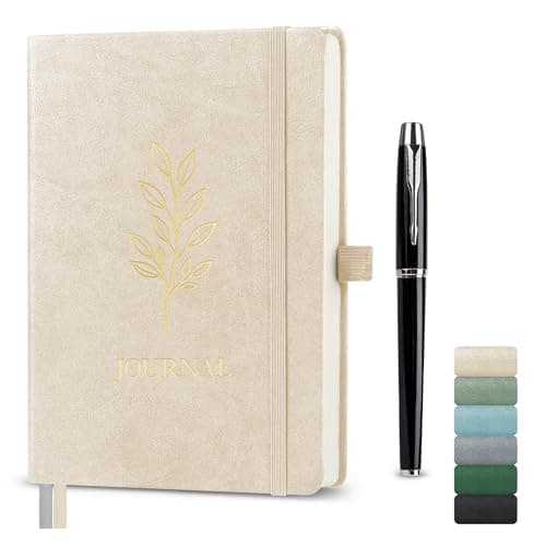 Image of Traimber-seven A5 Lined Journal Notebook, Hardcover Vegan Leather Notebook with Gold Olive Leaf Embossing, 192 Pages 100gsm FSC Paper, Elastic Closure & Pen Holder (Cream Beige)
